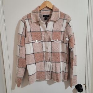 Rachel Zoe Beige/Pink White Plaid Fuzzy Snap-Up Shirt Jacket